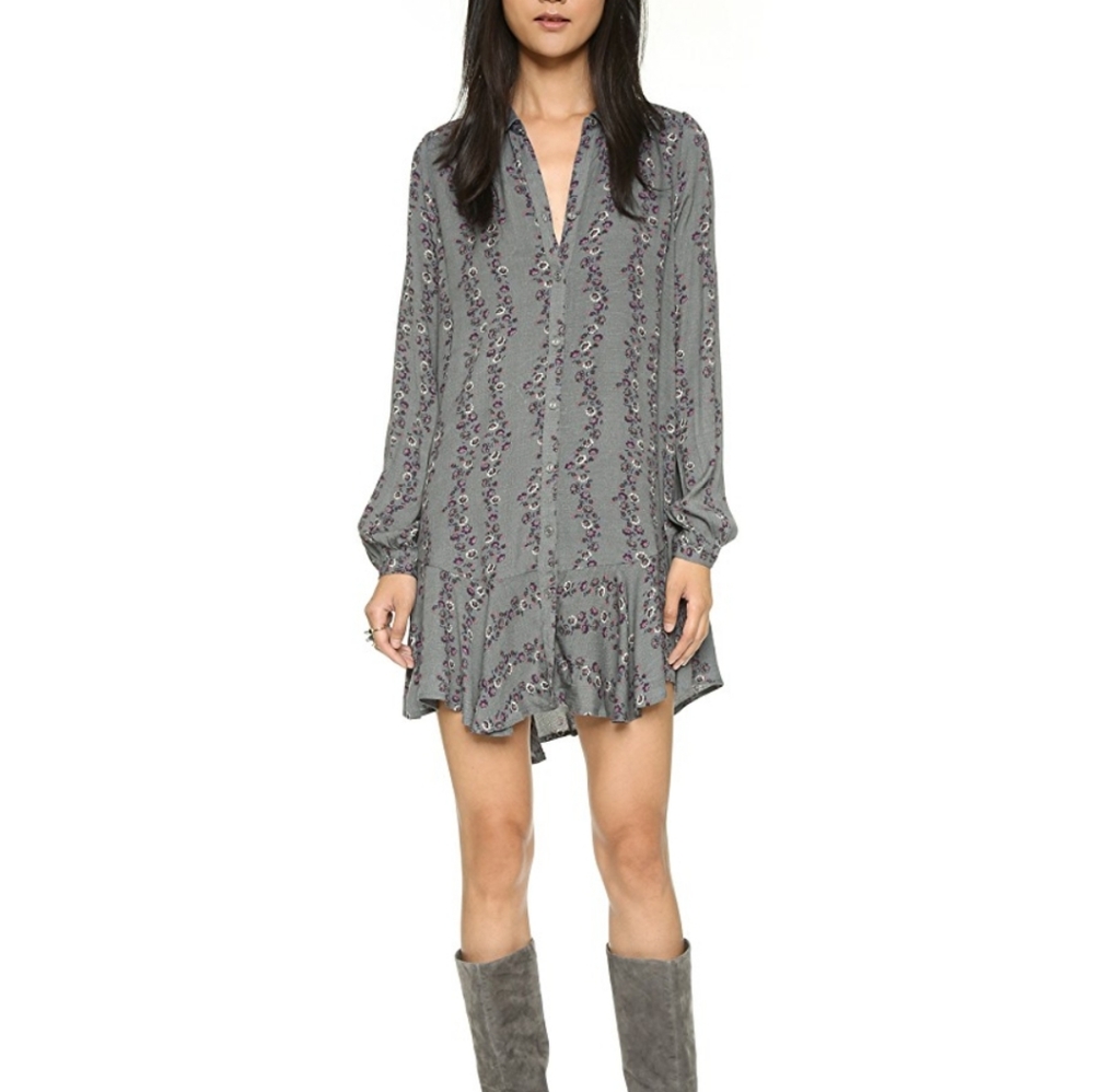 Free People Button Down Gray Flower Shirt Dress